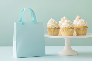 Blue paper bag mockup with satin handle and cupcakes on cake stand. Branding bag mockup