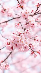 Cherry blossoms in full bloom on delicate branches with soft pink flowers and a dreamy pastel background, spring, floral