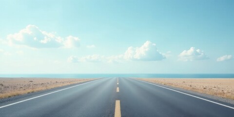 Fototapeta premium Endless Asphalt Highway Leading to a Serene Coastal Horizon Under a Calm Blue Sky