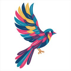 Colorful stylized bird in flight, with layered feathers in shades of blue, pink, yellow, and purple.