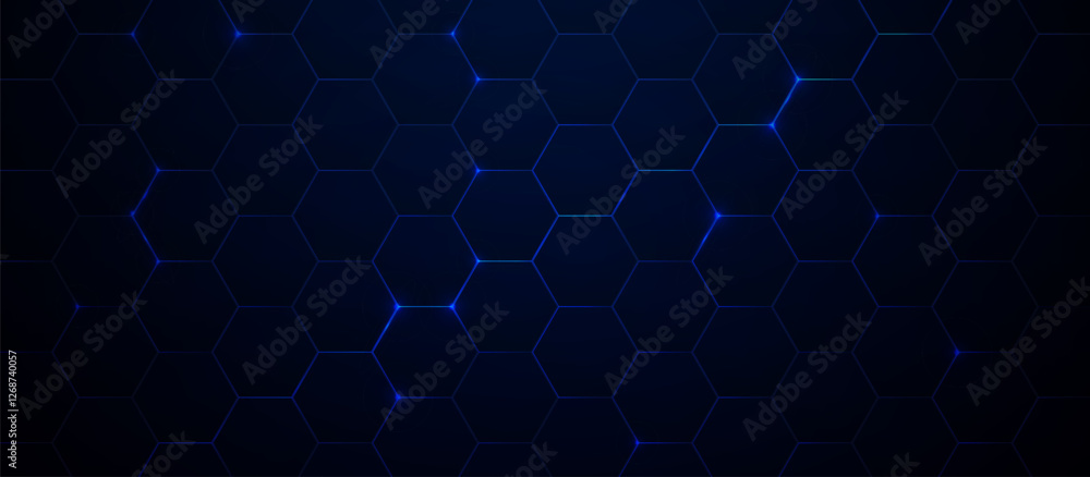 Poster futuristic dark hexagonal grid with blue glowing highlights