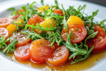 Vibrant summer gazpacho served with fresh rocket salad on a white plate, ideal for plant-based diets, vegetarian menus, and healthy living enthusiasts seeking refreshing culinary delights