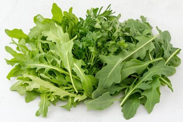 Fototapeta premium Fresh herb collection for culinary delights, showcasing arugula, cilantro, and spices on a pristine white backdrop, perfect for gourmet photography and recipe creation ideas