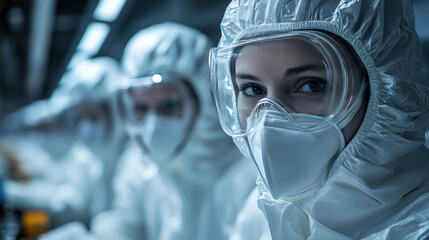 Research team in a clean room working on a prototype satellite, wearing full protective gear