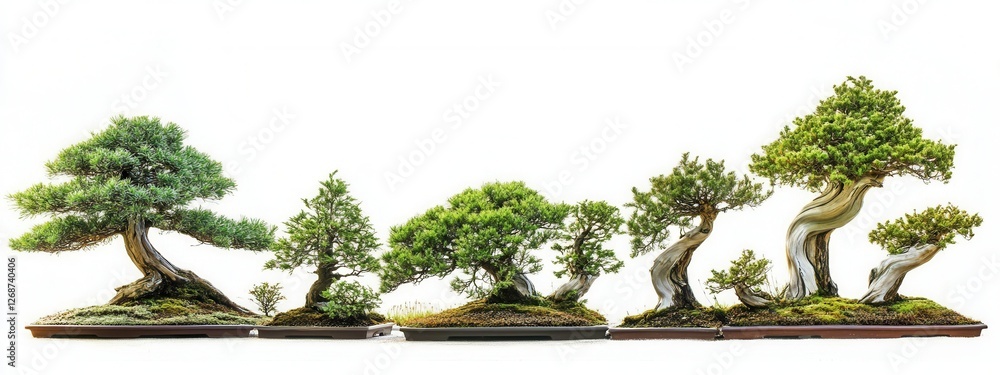 Poster beautiful collection of five unique bonsai trees displayed on white background