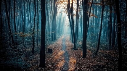 Naklejka premium A forest background image showcasing a dark forest path leads into the distance, surrounded by tall trees with leaves