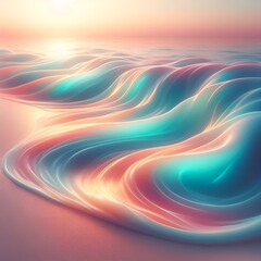 Dreamy ocean waves flowing in pastel colors under a soft sunset glow