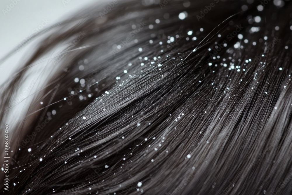 Poster close up view of dandruff flakes on dark hair strands with ample text space for annotations and comm