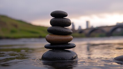 A stack of five stones in a body of water.