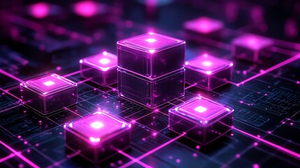 Abstract Pink Neon Cubes Digital Network Art 3D Data Glow Shiny Board 