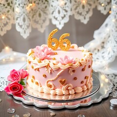 A beautifully crafted 66th birthday cake, decorated with elegant designs, rich colors, and a bold &ldquo;66&rdquo; topper. A perfect blend of sophistication and celebration, making the milestone truly special and
