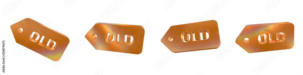 Poster set of 4 3d old solid label shapes with golden and rainbow effects isolated on a transparent backgro