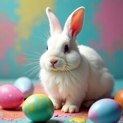 A fluffy white bunny amidst colorful Easter eggs and paint, pastel, graphic
