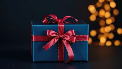 Dark blue gift box with a ribbon tied around it, high end, dark blue