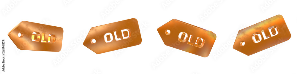 Poster set of 4 3d old solid label shapes with golden and rainbow effects isolated on a transparent backgro