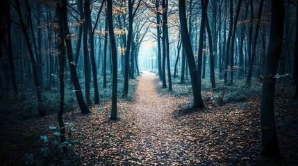 Naklejka premium A forest background image showcasing a dark forest path leads into the distance, surrounded by tall trees with leaves