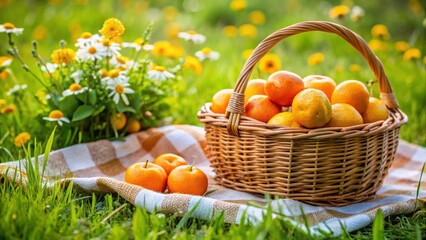 Basket of Fresh Oranges on a Picnic Blanket Surrounded by Flowers
