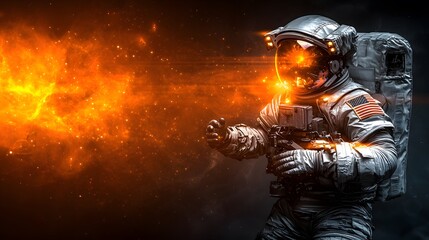 Fototapeta premium Astronaut Exploring Cosmic Depths with Fiery Galactic Background