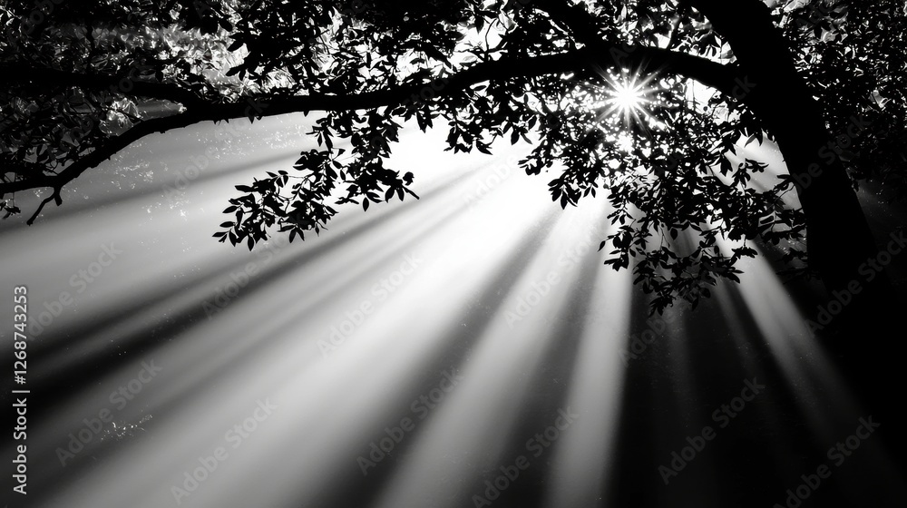 Poster sunlight filters through the leaves of a tree, creating a dramatic black and white image.