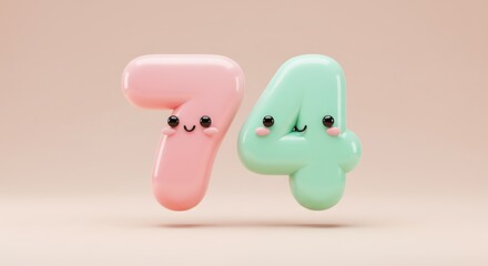 Adorable Pastel Numbers: Seventy-Four with Kawaii Faces