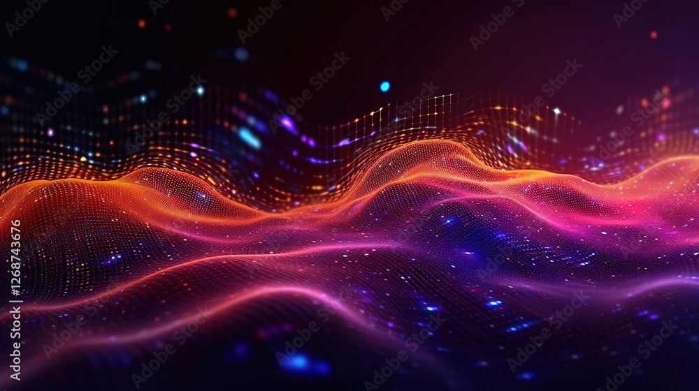 Poster virtual reality and cyberspace visualized with connected dots and digital landscape