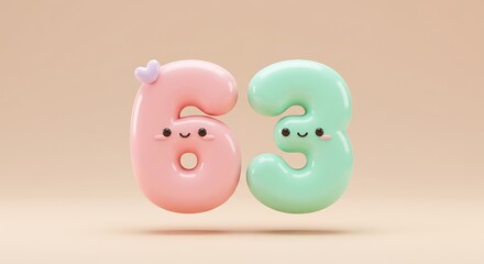 Adorable Pastel Numbers Sixty-Three: A Charming 3D Render