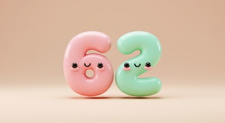 Adorable Pastel Numbers Sixty-Two: A Playful 3D Render