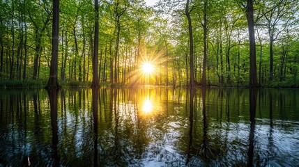 Obraz premium Sunbeams through Trees Reflecting on Still Water at Sunset