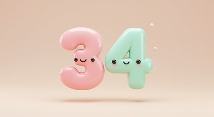 Charming Pastel Numbers: 3D Render of Cute, Smiling 34