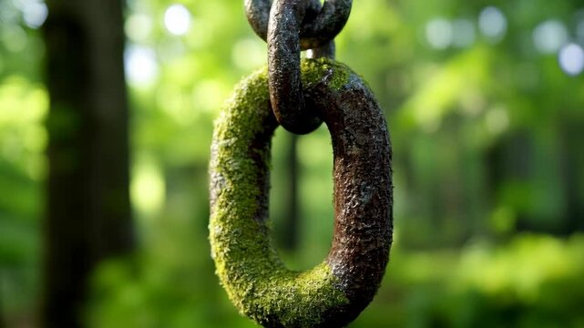 Close up view of a rusty chain link covered in vibrant green moss, set against a blurred background of lush green foliage. Sunlight filters through