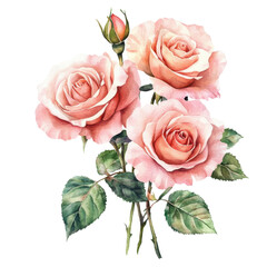 A bouquet of three delicate pink roses, featuring lush green leaves and a budding rose, showcasing elegance and beauty.