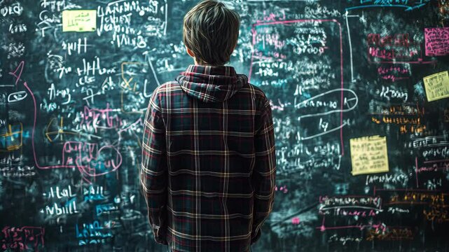 Student engaged in complex problem-solving in front of a blackboard filled with equations and notes in a study environment