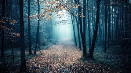 Obraz premium A forest background image showcasing a dark forest path leads into the distance, surrounded by tall trees with leaves