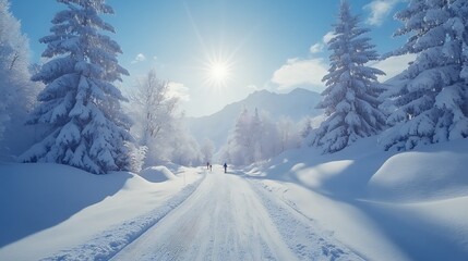 Fototapeta premium Winter sports enthusiasts ski frozen path wallpapers