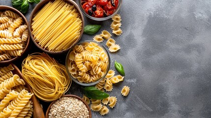 Fototapeta premium A variety of pasta types arranged in bowls on a textured surface, accompanied by fresh basil and colorful cherry tomatoes.