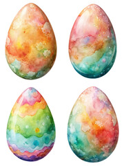 Colorful watercolor Easter eggs, vibrant patterns, festive decoration, spring themes, artistic design, holiday celebration.