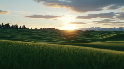 Obraz premium A serene sunrise over a verdant field, with majestic mountains in the distance.