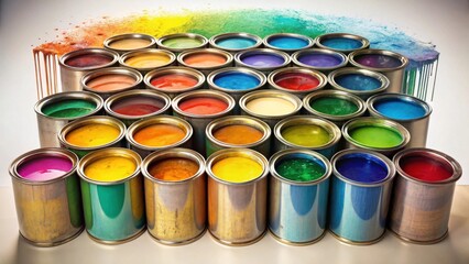 Colorful Paint Cans Arranged with Vibrant Splashes in Background