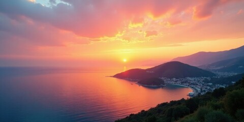 Fototapeta premium Serene Coastal Sunset Over a Picturesque Town Nestled Amongst Rolling Hills and a Calm Azure Sea, Bathed in Warm Hues of Orange, Pink, and Purple