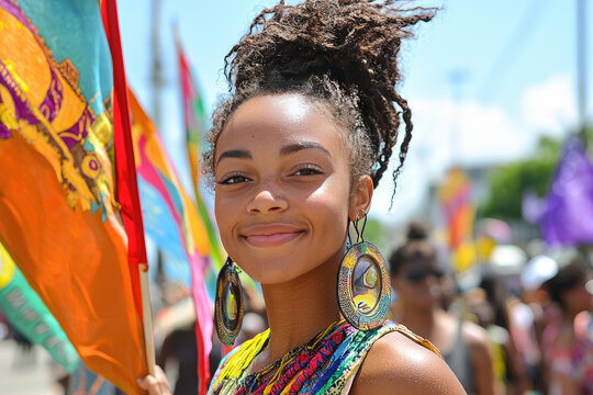 Vibrant Juneteenth community march with flags and joyful expressions
