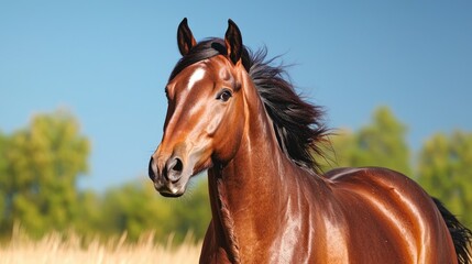 Obraz premium Horse portrait in a field against a clear sky. Possible use Stock photo