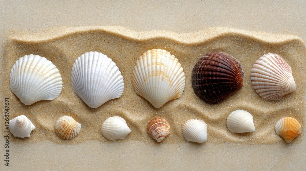 Poster a collection of seashells in various colors and shapes, arranged in a row on a sandy surface.