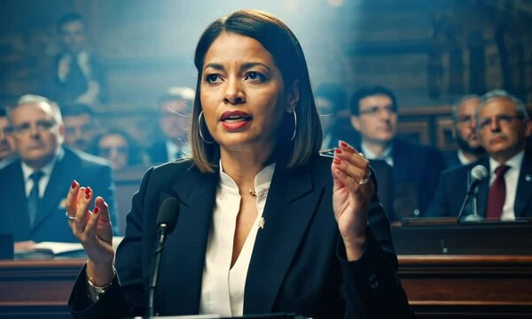 Confident female politician delivering a passionate speech in parliament, emphasizing leadership and representation.