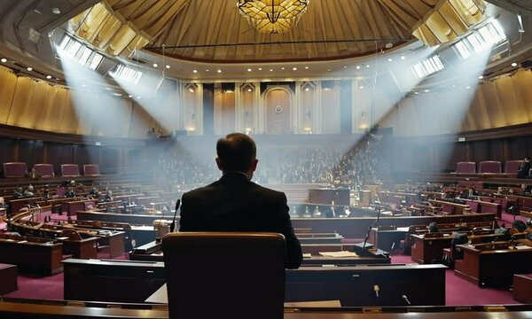 A politician seen from behind addressing a grand parliamentary chamber, symbolizing leadership and governance.