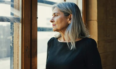 Elderly widow gazing out of a window with a thoughtful expression, symbolizing resilience, remembrance, and awareness on International Widows' Day.
