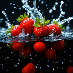 strawberries splashing in water.