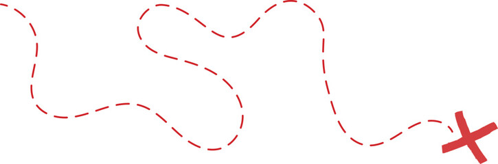 Treasure map element. A dashed line and red X mark ink on the map, the treasure map with a dotted line, X marks the spot, dashed line trail to an X	
