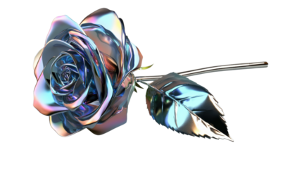 Iridescent metallic rose blooming with transparent background