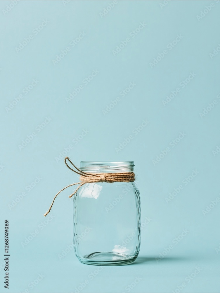 Poster empty glass jar with twine: a simple yet elegant glass jar with a rustic twine bow, isolated on a li