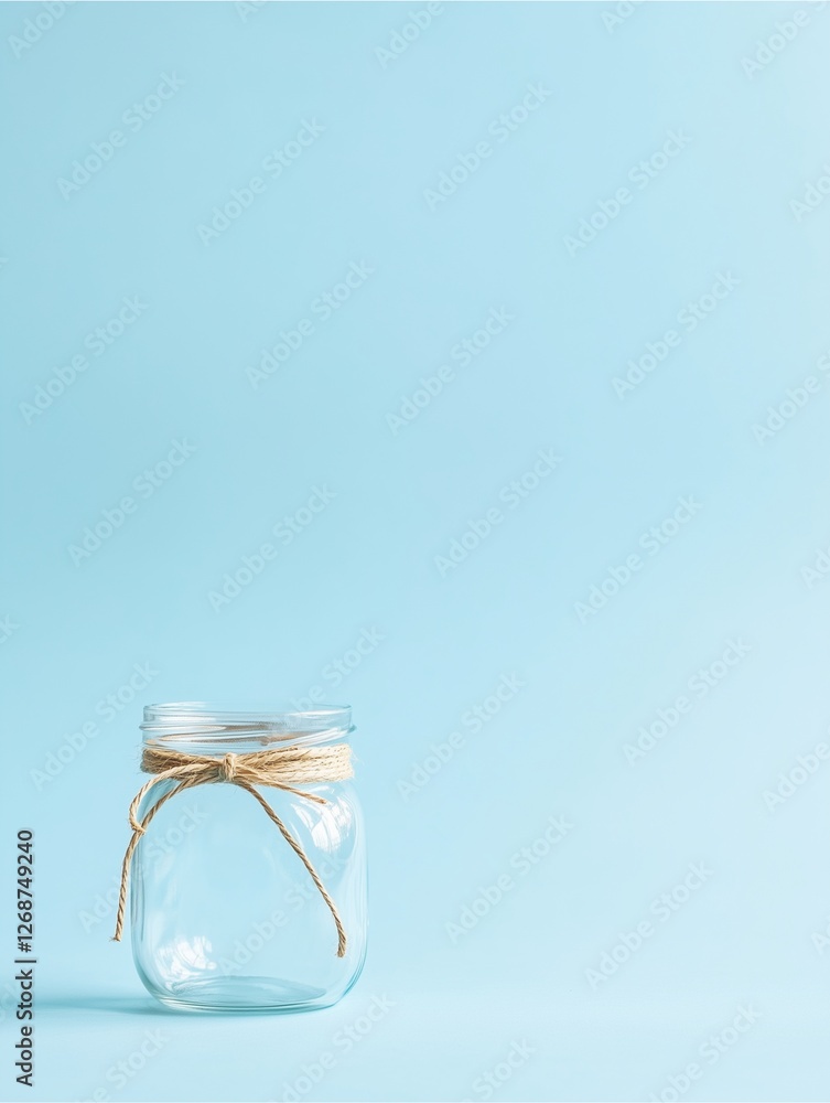 Poster empty glass jar: a simple and minimalist image featuring a clear glass jar with a twine bow, isolate